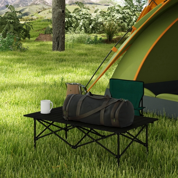 Outsunny Mesa de Campismo Dobrável de Metal com Tampo Enrolável e Bolsa de Transporte Mesa de Piquenique Portátil 95x55x50 cm Preto - Image 8