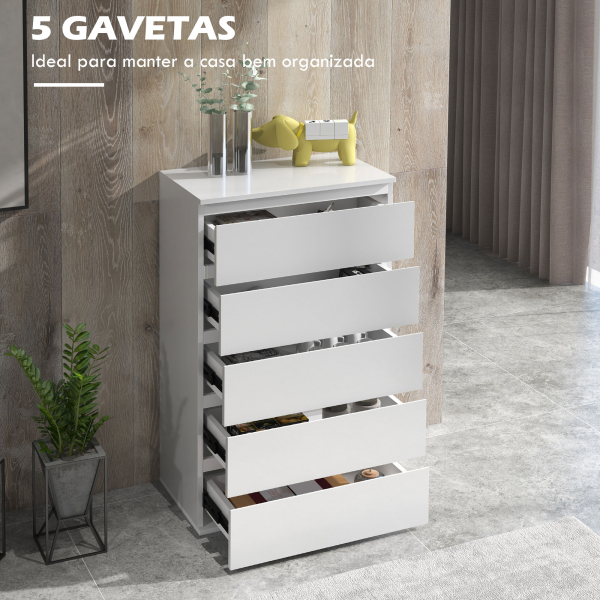 HOMCOM Cómoda com 5 Gavetas de Madeira Cómoda de Dormitório Cómoda Branca para Sala de Estar Estilo Moderno 55x33x100 cm Branco - Image 4