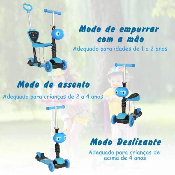 HOMCOM trotinete 5 em 1 para crianças de acima de1 ano trotinete de 3 rodas com assento removível guiador ajustável 62x25x72,5 cm Azul - Image 7