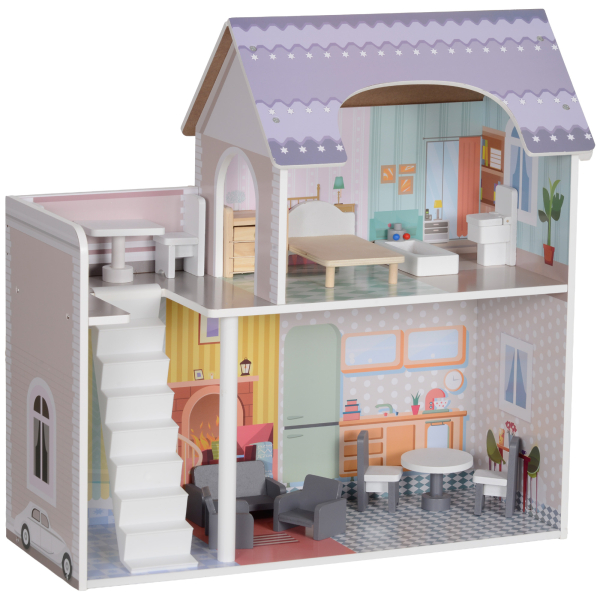 AIYAPLAY Casa de Bonecas com Móveis e Acessórios Casa de Bonecas de Madeira com Varanda e 2 Andares  60x26,6x60 cm Multicor