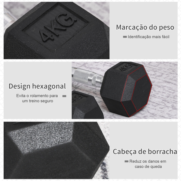 HOMCOM Conjunto de Halteres de 2x4 kg com Barra Metálica e Cabeça Hexagonal Conjunto Pesos para Treino 27,2x10,5 cm Preto e Prata - Image 7
