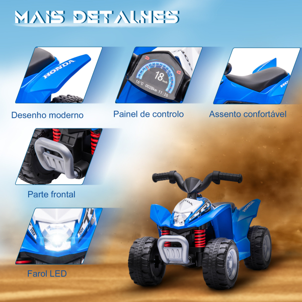 AIYAPLAY Quadriciclo Elétrico HONDA para Crianças de 18-36 Meses Quadriciclo Elétrico Infantil a Bateria 6V com Faróis LED Buzina Velocidade de 2,8km/h e Avance 65,5x35,5x43,5cm Azul - Image 7