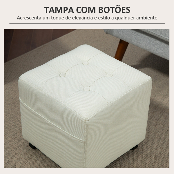 HOMCOM Apoio para os Pés Sala de Estar Banco Estofado em Linho com Bolso Lateral Tampa com Botões  35x35x35 cm Creme - Image 8