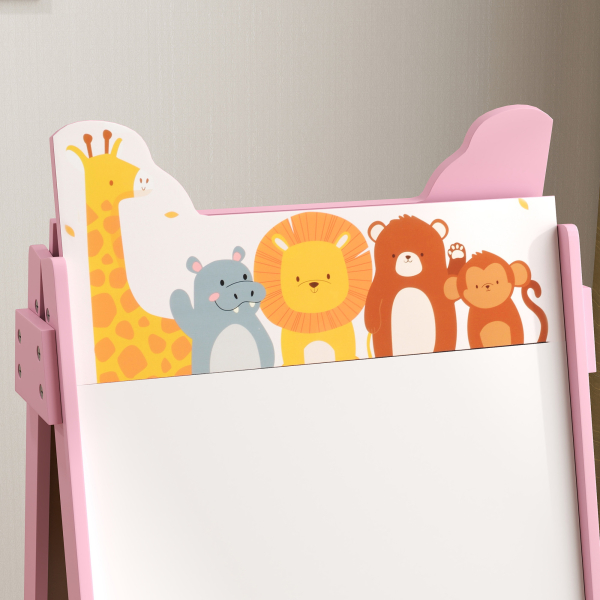 AIYAPLAY Cavalete para Crianças 2 em 1 Arsósia Infantil com Dupla Face 2 Caixas de Arrumação com Estampa em Animais 49x53,5x113 cm Rosa - Image 9