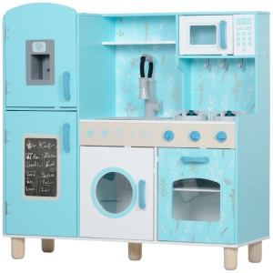 AIYAPLAY Cozinha de Madeira para Crianças com Sons Fogão Forno Micro-Ondas Máquina de Gelo e Acessórios 90x33,3x91,6 cm Azul
