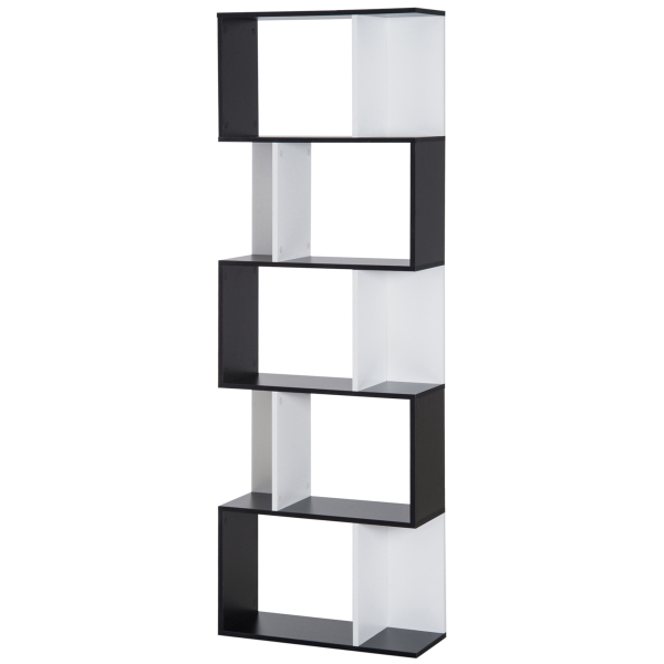 HOMCOM Estante para Livros Estante Alta de Parede com 5 Níveis em Forma de S Desenho Moderno 60x24x184,5 cm Branco e Preto