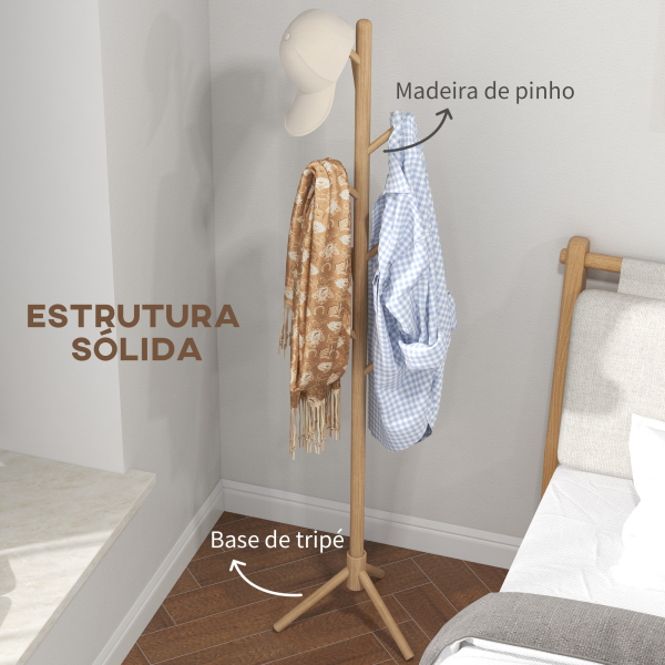 HOMCOM Cabide de Pé de Madeira com 8 Ganchos para Pendurar Roupa e Bolsas Forma de Árvore para Corredor Entrada 40x40x165 cm Natural - Image 5