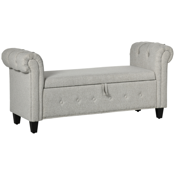 HOMCOM Banco de Pé de Cama de Linho com Dobradiças na Tampa Pés de Madeira e Apoio para os Braços 146,5x49x74,5cm Cinza Claro