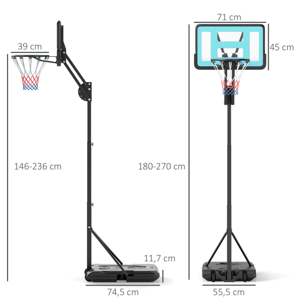 SPORTNOW Tabela de Basquetebol Ajustável de 146-236 cm Portátil com Rodas e Base Preenchível com Água ou Areia 71x45x146-236 cm Preto - Image 3