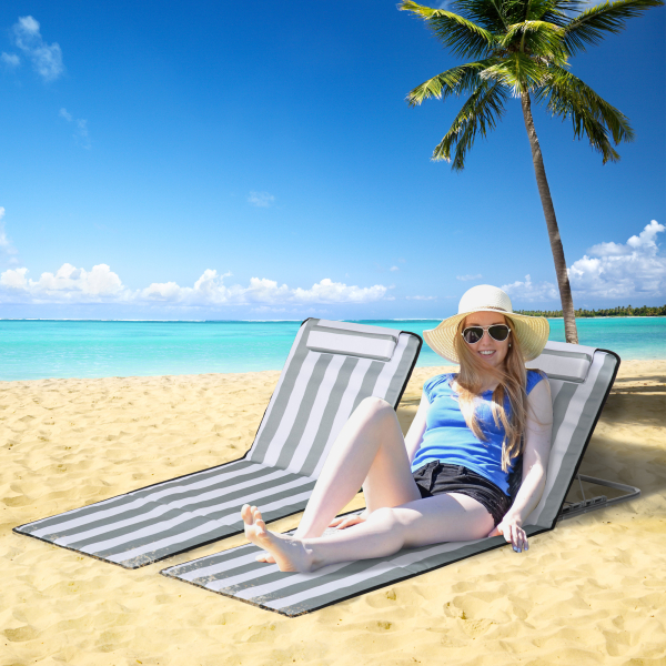 Outsunny Conjunto de 2 Esteiras de Praia com Encosto Reclinável em 5 Níveis Bolsa de Transporte e Apoio de Cabeça 48x134x33-43 cm Branco e Cinzento - Image 2