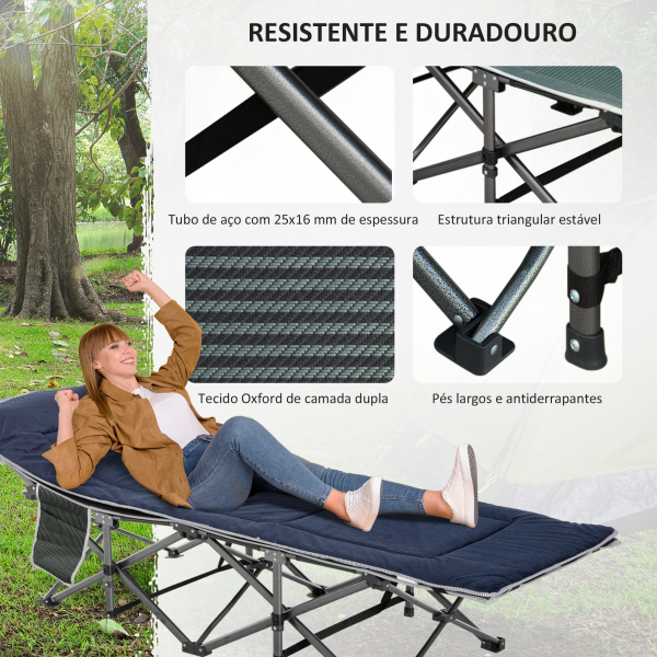 Outsunny Cama de Campismo Dobrável com Almofada Bolso Lateral e Bolsa de Transporte 188x64,5x53 cm Preto e Azul Escuro - Image 5