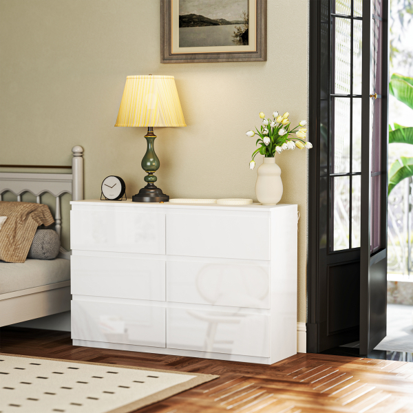 HOMCOM Cómoda com 6 Gavetas de Madeira Cómoda de Dormitório Cómoda Branca Estilo Moderno 112x34x75 cm Branco Brilhante - Image 7
