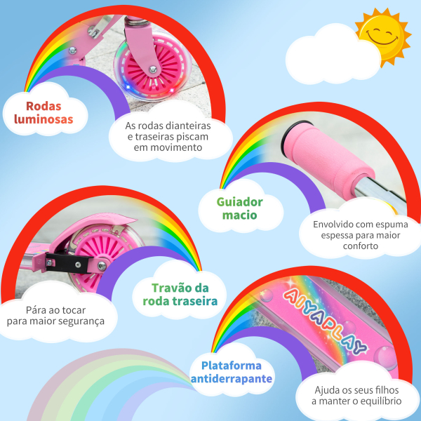 HOMCOM Trotinete para Crianças Dobrável com Luzes e Música 4 Alturas Ajustável Rodas Brilhantes e Pedal LED 67x32x65-78 cm Rosa - Image 7