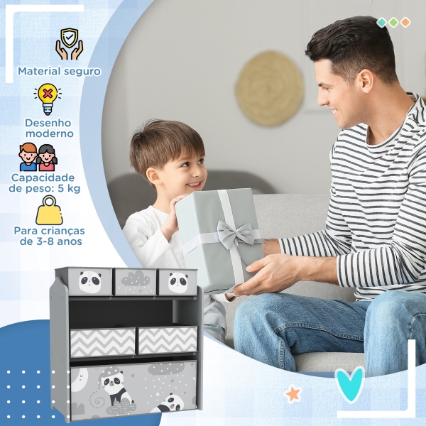 ZONEKIZ Estante para Brinquedos com 6 Caixas de Tecido não Tecido Amovíveis Organizador de Brinquedos 63x30x66 cm Cinza - Image 7