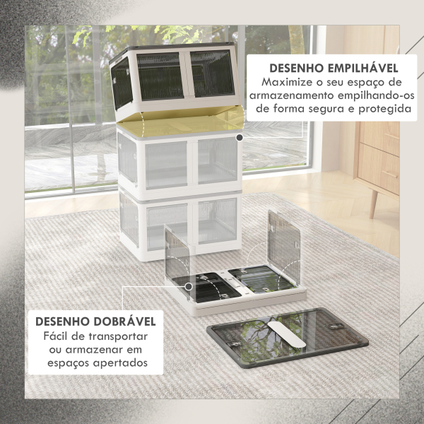 HOMCOM Caixa de Armazenamento Empilhável com Tampa 69L Caixa Organizadora Dobrável com Rodas 60x42x34 cm Branco - Image 4