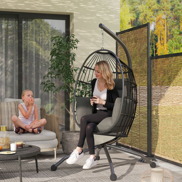 Outsunny Cadeira Suspensa com Suporte Cadeira Baloiço de Jardim com Cesto Dobrável Almofada e Apoio para a Cabeça 120x88x192 cm Preto - Image 2