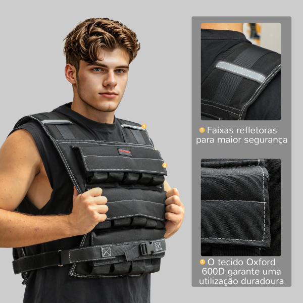 SPORTNOW Colete de Pesos 15 kg Colete de Musculação Ajustável com Bandas Reflectoras Colete de Cross Training  Preto - Image 7