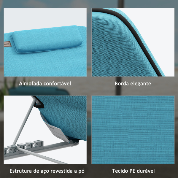 Outsunny Conjunto de 2 Esteiras de Praia com Encosto Reclinável em 5 Níveis Bolsa de Transporte e Apoio de Cabeça 48x134x33-43 cm Azul - Image 7