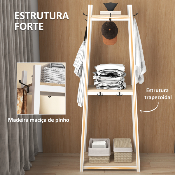 HOMCOM Suporte para Cabides de 3 Níveis Suporte para Cabides com 6 Ganchos e Prateleiras para Entrada Corredor 61x41x165 cm Natural - Image 5