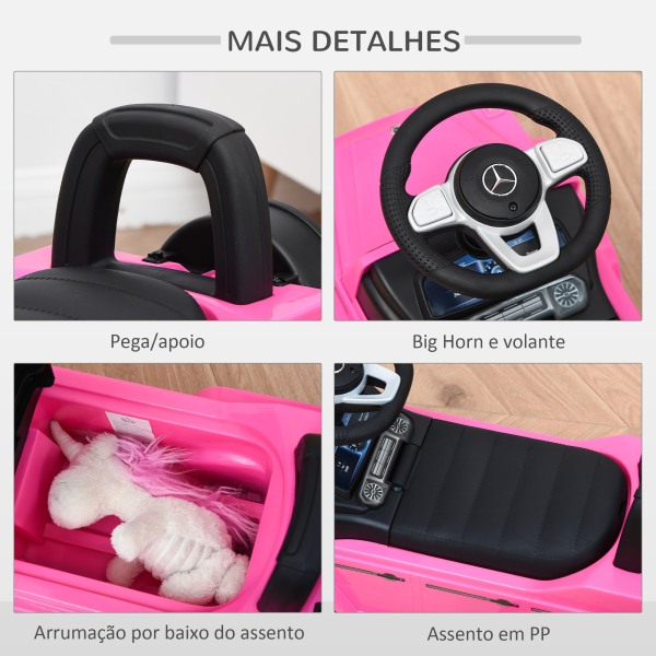 HOMCOM Carro Andador para Bebés com Licença Mercedes G350 com Compartimento de Arrumação e Volante Carga 25 kg 62,5x28,5x45 cm Rosa - Image 7