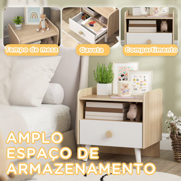 AIYAPLAY Mesa de Cabeceira Infantil de Madeira Mesa de Cabeceira para Crianças com Gaveta Bordas Redondas 40x32,5x40 cm Branco e Madeira - Image 4