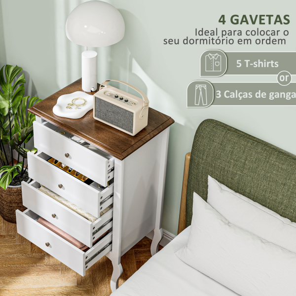 HOMCOM Cómoda com 4 Gavetas Cómoda para Dormitório Estilo Francês com Sistema Anti-Tombo 60x40x98,5 cm Branco e Madeira - Image 5