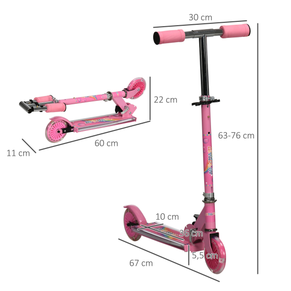 HOMCOM Trotinete para Crianças Dobrável com Luzes e Música 4 Alturas Ajustável Rodas Brilhantes e Pedal LED 67x32x65-78 cm Rosa - Image 3