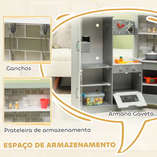 AIYAPLAY Cozinha de Madeira para Crianças com Sons Forno Lavatório Micro-Ondas Máquina de Gelo e Acessórios 110x80x91 cm Cinza - Image 7
