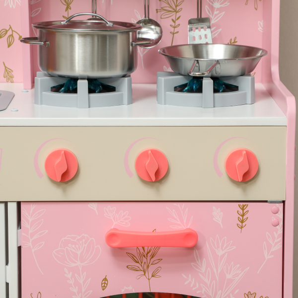 AIYAPLAY Cozinha de Madeira para Crianças com Sons Fogão Forno Micro-Ondas Máquina de Gelo e Acessórios 90x33,3x91,6 cm Rosa - Image 9