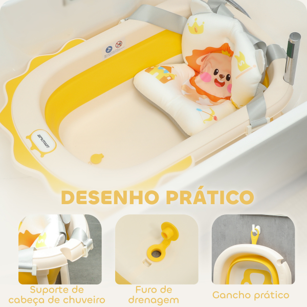 AIYAPLAY Banheira Dobrável para Bebés com Almofada e Cubo Antiderrapantes Orifício de Drenagem e Orifício para o Duche 80,5x55x20 cm Amarelo - Image 7