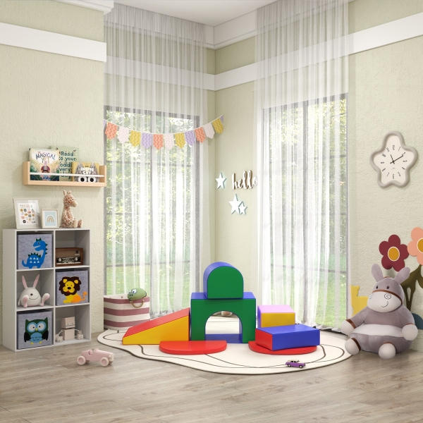 ZONEKIZ Estante para Brinquedos com 6 Compartimentos e 3 Caixas de Tecido não Tecido e Desenho de Animais 61,8x29,9x91,5 cm Branco e Cinza - Image 9