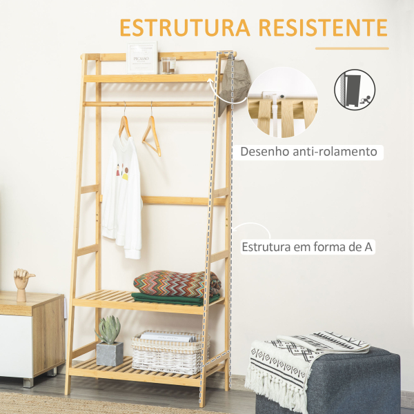 HOMCOM Suporte para Cabides de Bambu Cabideiro com Prateleira de 3 Níveis com Barra e Cabide Lateral 70x42x164cm Madeira - Image 7