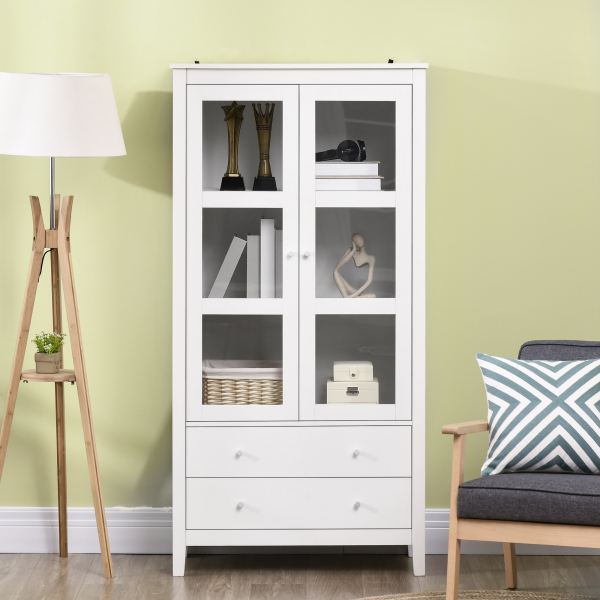 HOMCOM Vitrine de Sala de Estar Estante para Escritório com 2 Portas de Vidro Temperado 3 Prateleiras e 2 Gavetas 80x40x160 cm Branco - Image 7
