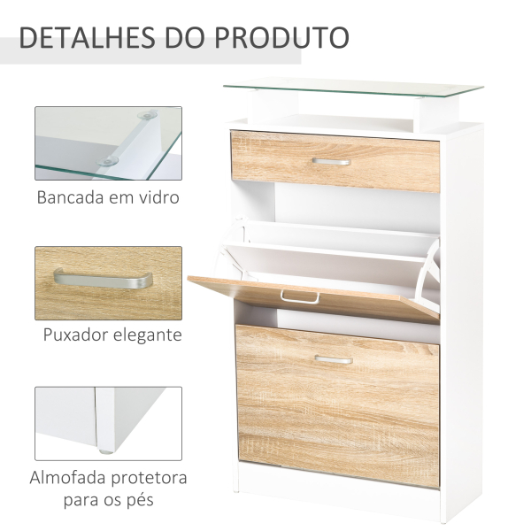 HOMCOM Sapateira de 2 Portas Sapateira Estreito para 12 Pares de Sapatos com Gaveta e Bancada de Vidro  60x24x105,5cm Branco - Image 6