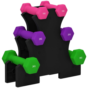 SPORTNOW Conjunto de Halteres Hexagonais 2x1 kg 2x2 kg 2x3 kg com Suporte de Armazenamento para Treino em Casa Multicolor