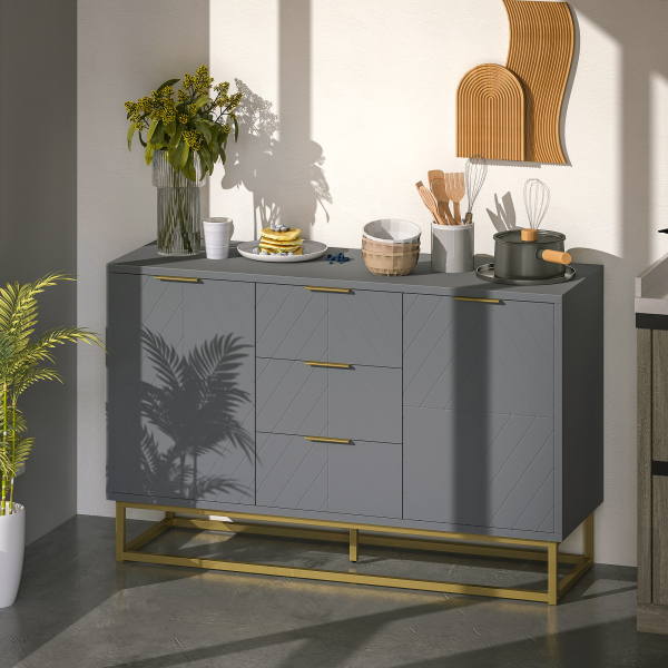 HOMCOM Aparador Auxiliar Armário de Armazenamento com 3 Gavetas e 2 Armários com Prateleira Ajustável 120x40x76 cm Cinza - Image 2