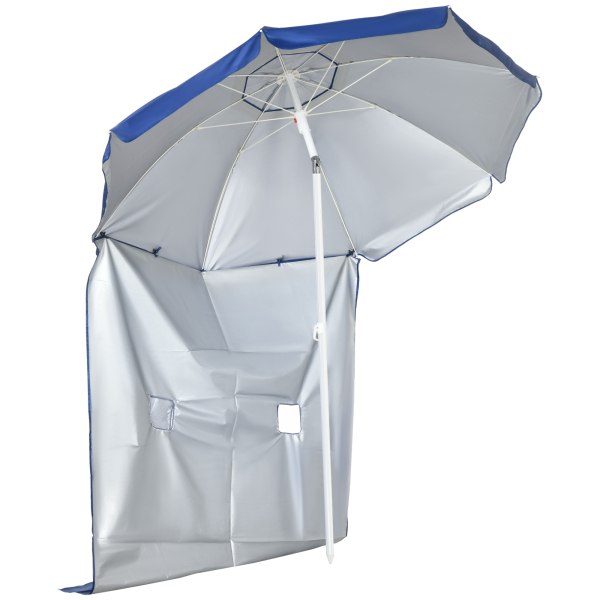 Outsunny Chapéu de Sol de Praia com Painel Lateral Manivela Manual Teto Inclinável 2 Bolsos e 2 Janelas Ø191x211 cm Azul
