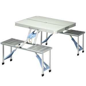 Outsunny Mesa de Campismo Dobrável com 4 Assentos Orifício para Chapéu de Sol e Estrutura de Alumínio para Praia Piquenique 136x85,5x66cm Prata