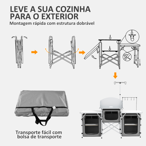 Outsunny Móvel de Cozinha para Campismo Armário Dobrável com 3 Tampos 3 Armários Suporte de Luz 4 Ganchos 172x48x119 cm Cinza - Image 6