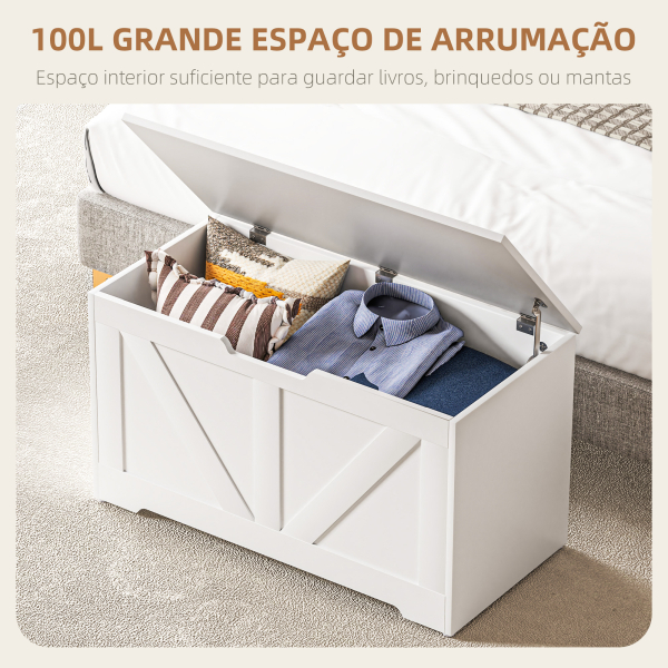 HOMCOM Baú de Armazenamento 100L Baú de Arrumação com Tampa e Dobradiça de Segurança 80x40x45 cm Branco - Image 4
