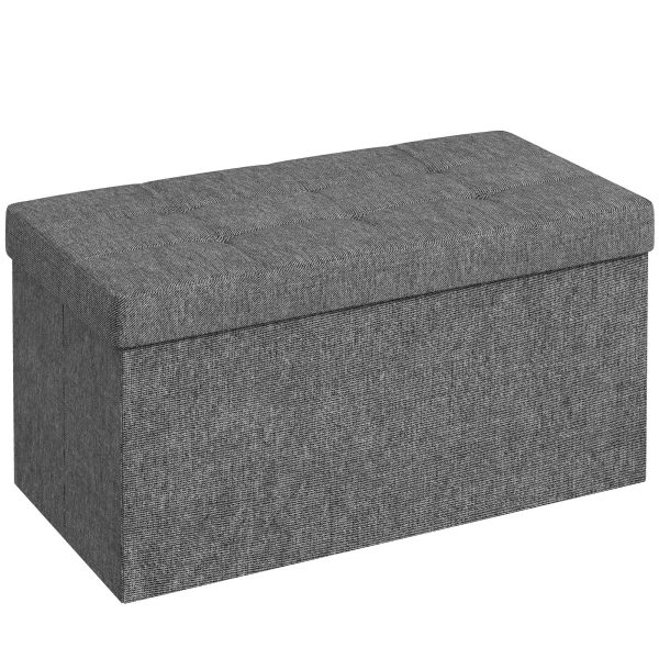 HOMCOM Baú de Armazenamento para Dormitório 84L Puff de Armazenamento Dobrável Estofado em Linho Sintético 76x38x38 cm Cinza Escuro
