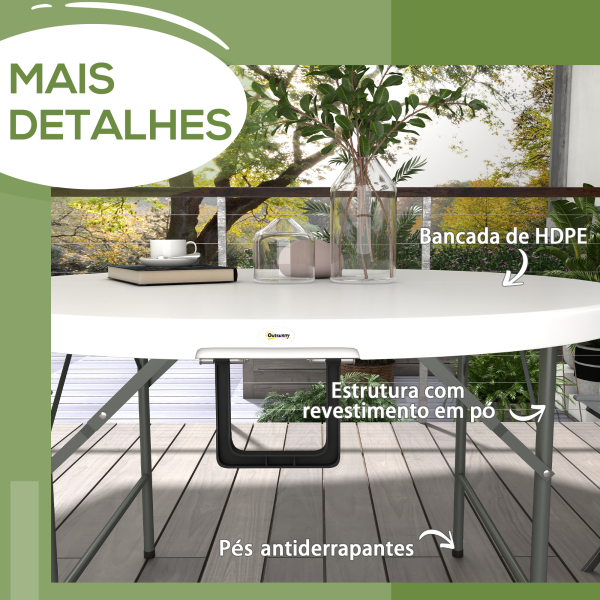 Outsunny Mesa de Jardim Redonda Mesa de Varanda Dobrável com Estrutura de Aço e Bancada de HDPE Ø122x73 cm Branco - Image 6