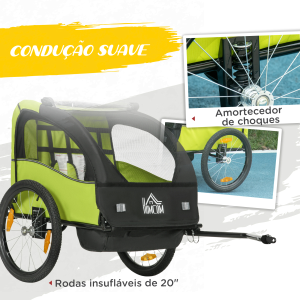 HOMCOM Reboque de Bicicleta para Crianças de 2 Lugares com Cinto de Segurança e Sistema de Amortecimento 140x88x90 cm Verde - Image 5