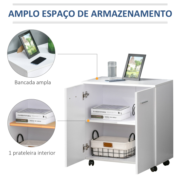 HOMCOM Armário de Armazenamento Moderno Móvel para Armazenamento com Rodas Armário e Prateleiras 60x35x65cm Branco - Image 4