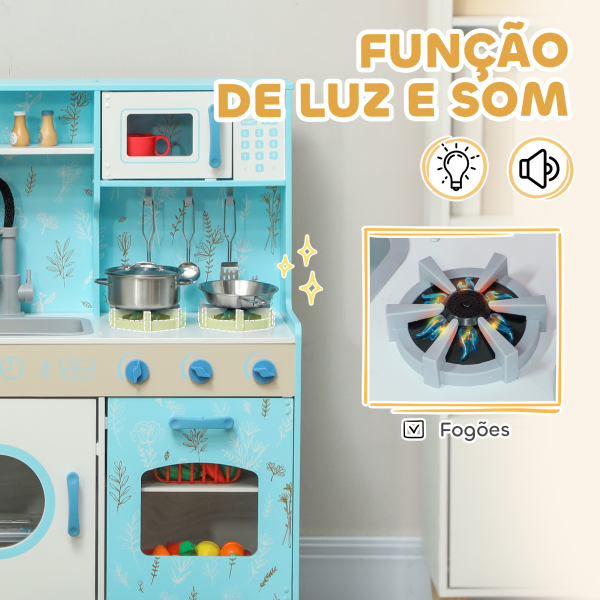 AIYAPLAY Cozinha de Madeira para Crianças com Sons Fogão Forno Micro-Ondas Máquina de Gelo e Acessórios 90x33,3x91,6 cm Azul - Image 6