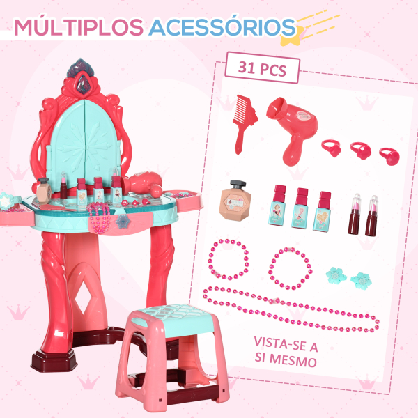 AIYAPLAY Toucador Infantil com Banco Espelho Luz Música e Secador Inclui 18 Acessórios Toucador de Maquilhagem 57x34x76cm Multicor - Image 6