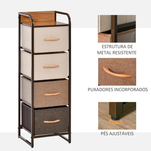 HOMCOM Cómoda de Tecido com 4 Cestos Removíveis e Dobráveis Base Elevada Móvel de Armazenamento para Dormitório Sala de Estar 31x29x99cm Multicor - Image 7