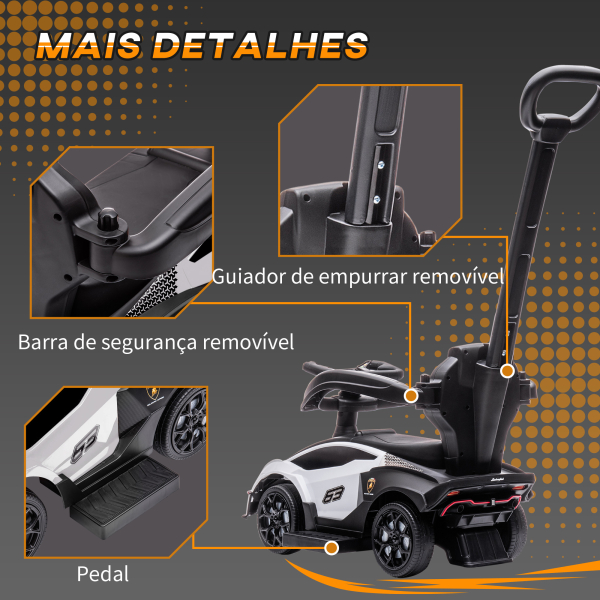 AIYAPLAY 2 em 1 Carro Andador para Crianças 12-36 Meses Lamborghini Essenza SCV2 Carro Andador com Buzina Guiador e Grade de Segurança Removível 86,5x40x89,5cm Branco e Preto - Image 7