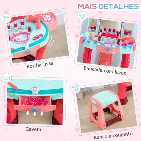 AIYAPLAY Toucador Infantil com Banco Espelho Luz Música e Secador Inclui 18 Acessórios Toucador de Maquilhagem 57x34x76cm Multicor - Image 5
