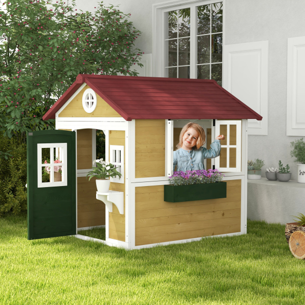 Outsunny Casa de Madeira para Crianças Casa de Brincar Infantil para Jardim  com Porta Janelas e Floreiras 114x126,5x135 cm Multicor - Image 2
